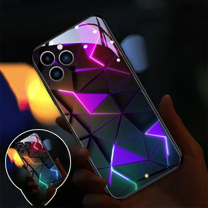 Xpress 14 iPhone case with illuminated lightning diamond pattern on tempered glass back