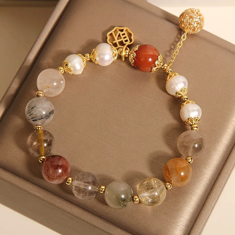Natural colour hair crystal pearl bracelet for women with Chinese character Cai charm