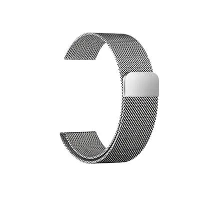 Stainless steel watch strap in silver, shown next to black, gold, and rose gold colour options.