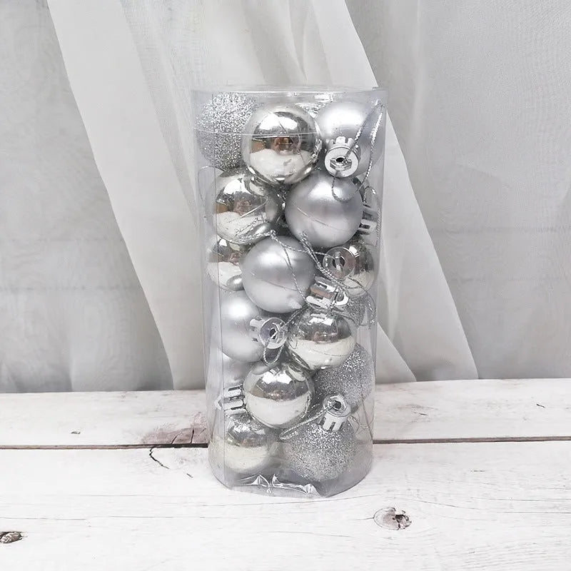24 gold, red, and silver 3cm plastic Christmas balls with a shiny electroplated finish in a gift box.
