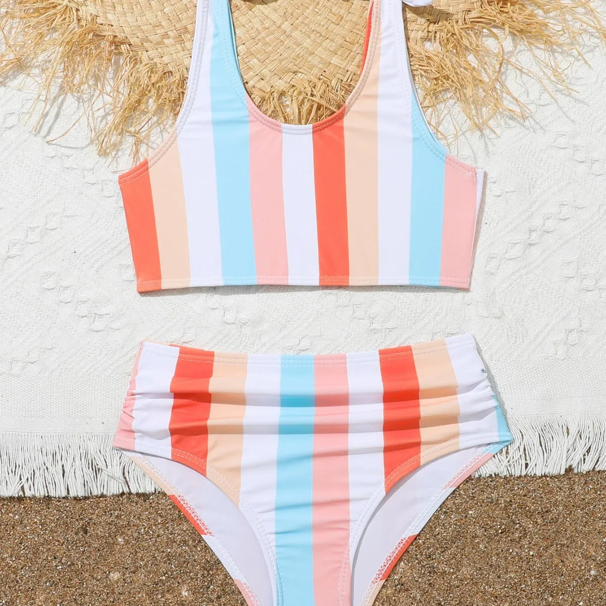 Girls' plaid print two-piece swimsuit set with bra and briefs for swimming.