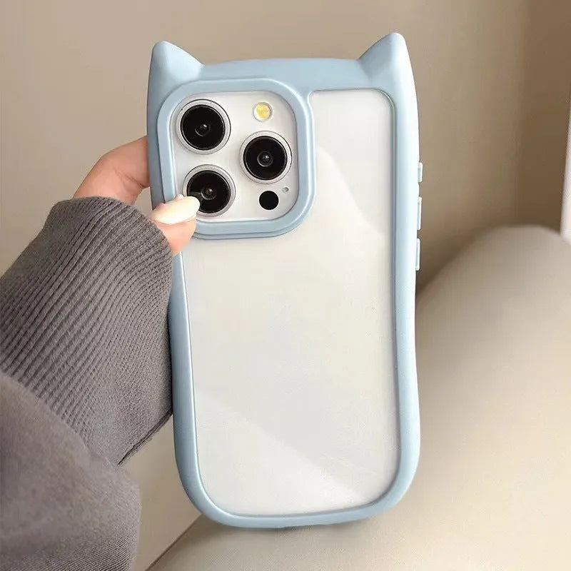 Black PC cat ears phone case for IPhone showing raised ear design and camera cutout