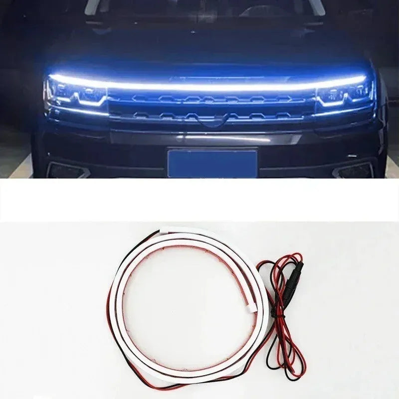 Car interior LED strip light with scanning effect in ice blue colour, showing flexible silicone construction