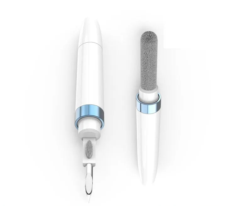 Blue plastic cleaning pen for electronics with metal tip, flocking sponge, and long brush.