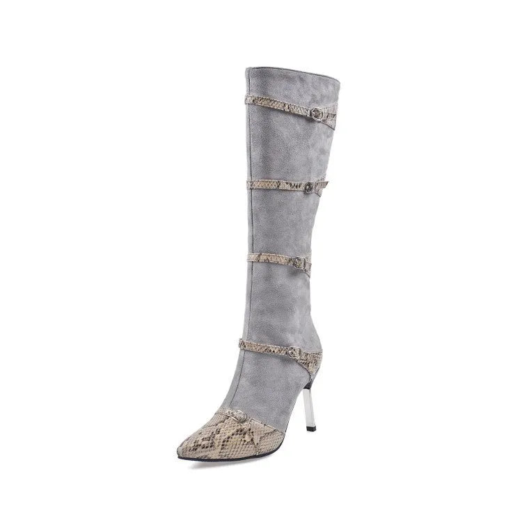 Women's grey knee high boots with thin stiletto heel and velvet lining