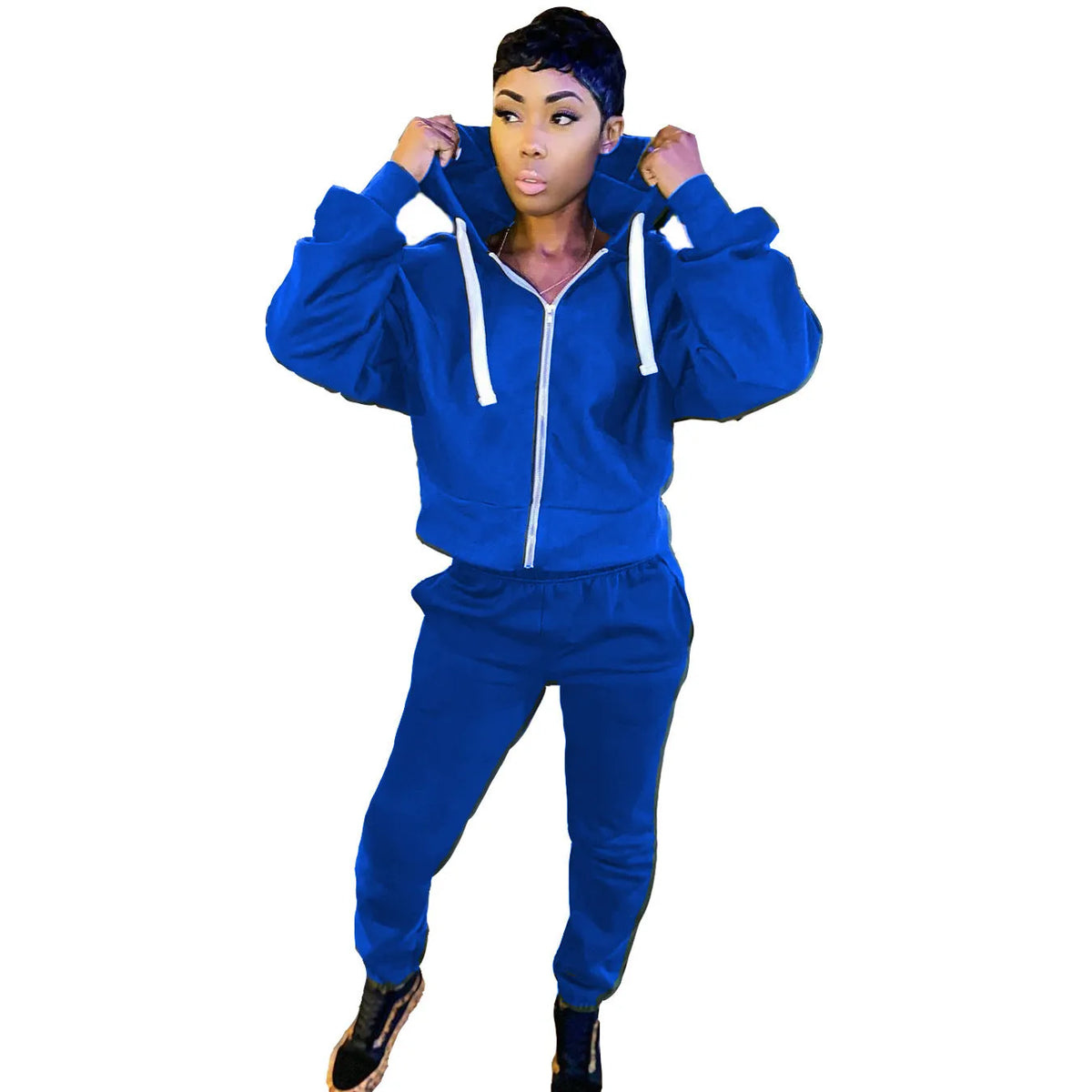Women's casual two-piece suit with polar fleece pullover top and matching solid colour trousers