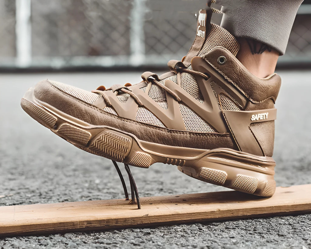 Protective high-top work shoes with anti-smashing toe cap, rubber sole, flying weave upper in khaki colour