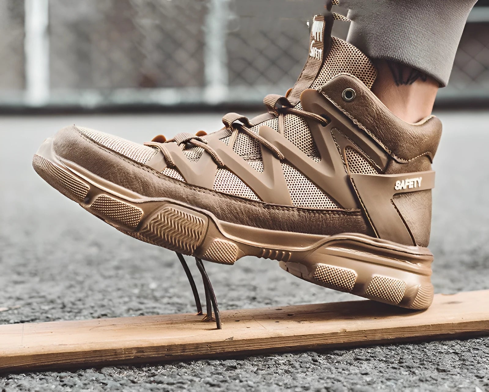 Protective high-top work shoes with anti-smashing toe cap, rubber sole, flying weave upper in khaki colour