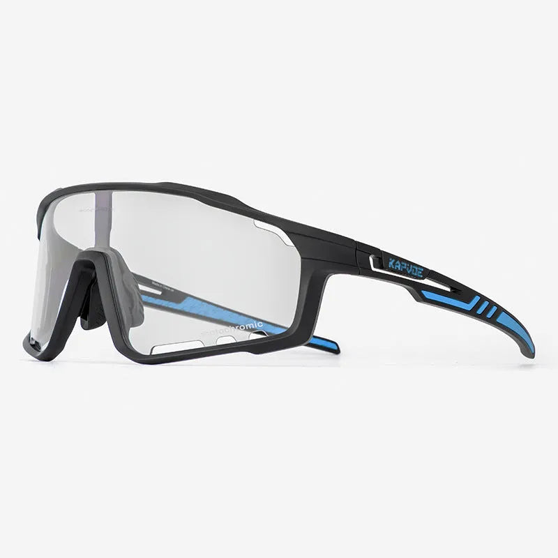 Photochromic cycling sunglasses with semi-rimless TR90 frame in one of 14 colour options.