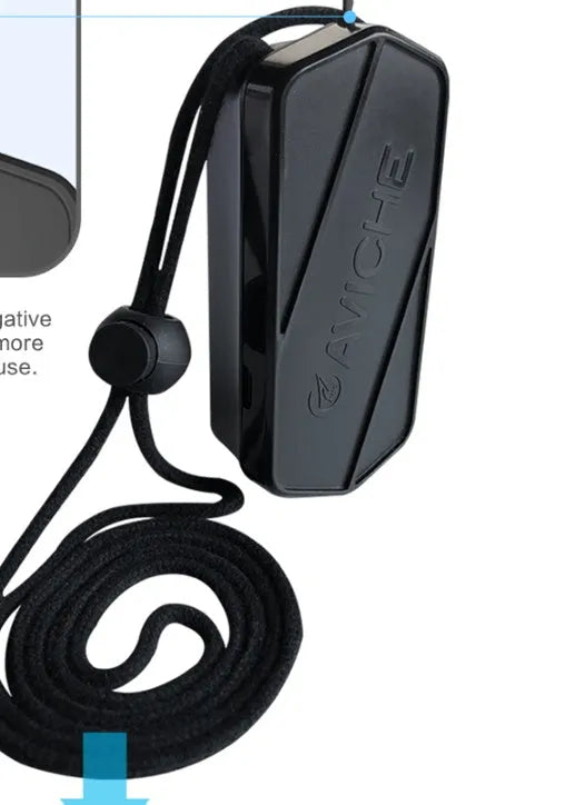 Black plastic wearable air purifier necklace showing compact dimensions.