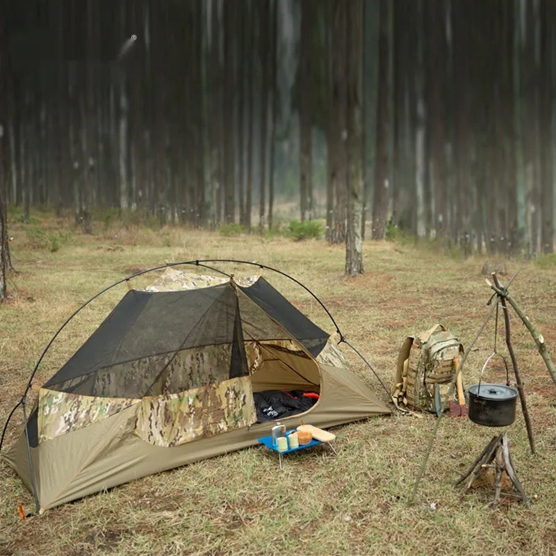 Single person soldier tent in camouflage design for outdoor camping