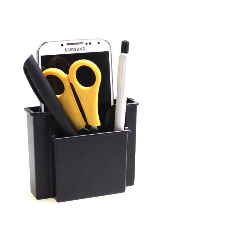 Black ABS car vent mobile phone storage box with card holder slot and adhesive sticker mounts