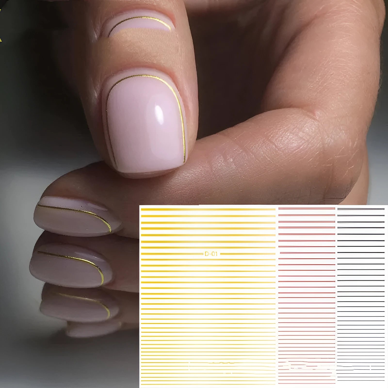 Nail art fluorescent line adhesive sticker sheet 8.5x13cm with multiple line decals in black and gold