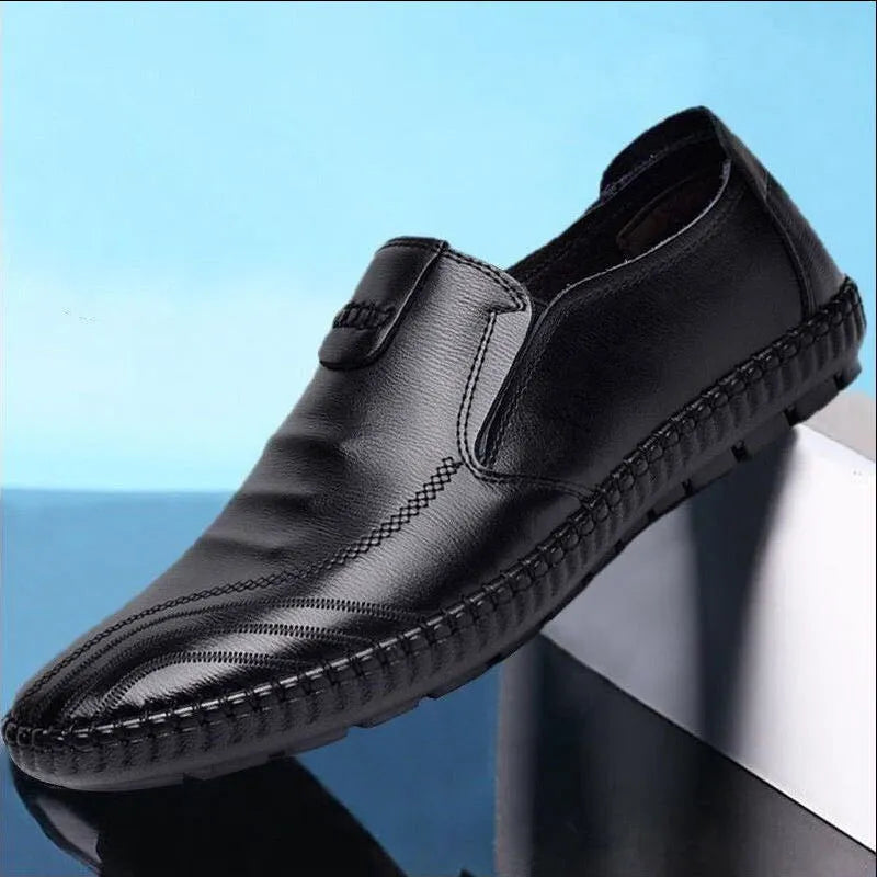 Men's black and brown PU leather business shoes with flat heel and plain toe design