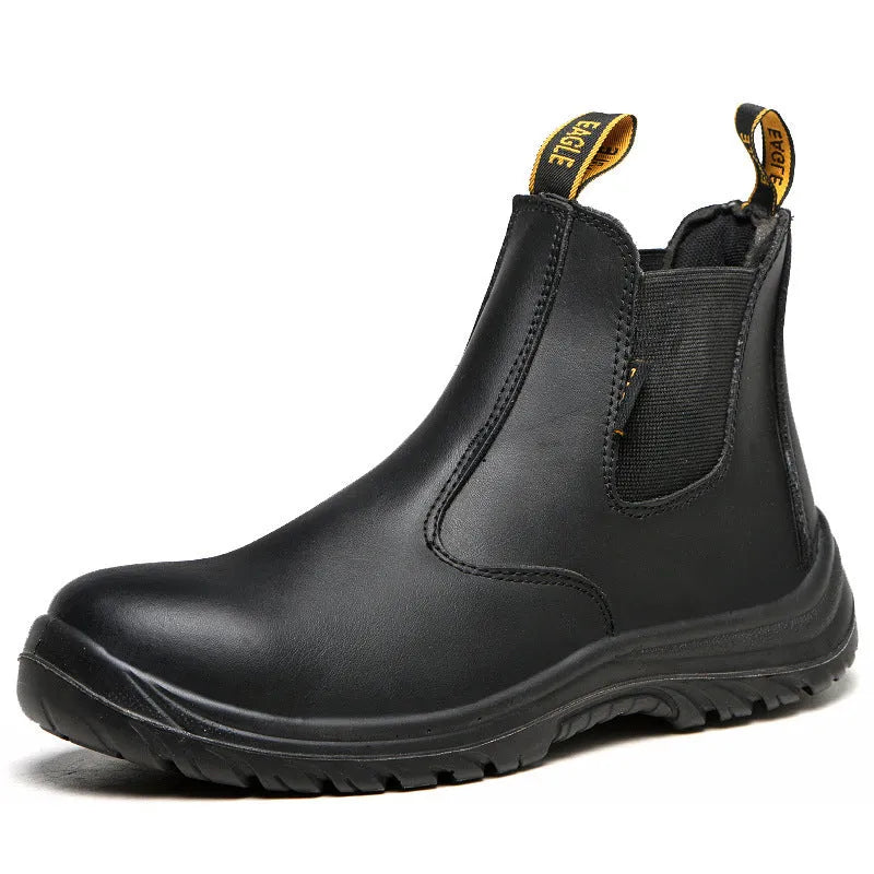 Black high-top leather safety work boots with steel toecap on a grey background.