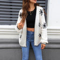 Beige plus size women's knitted coat with floral jacquard pattern and off-neck collar.