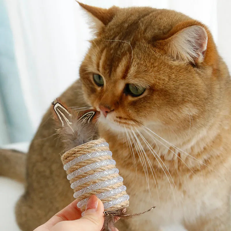 Beige cat toy with hemp rope, feathers, and a sound roller for scratching and interactive play.