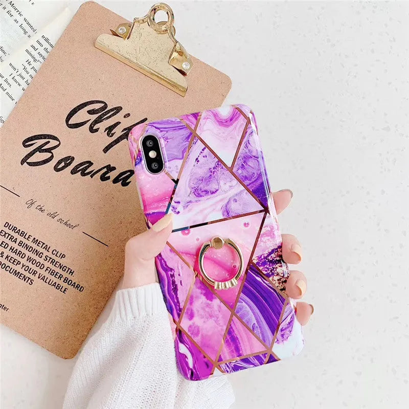 Geometric plating design TPU iPhone back cover case with an integrated metal bracket ring.