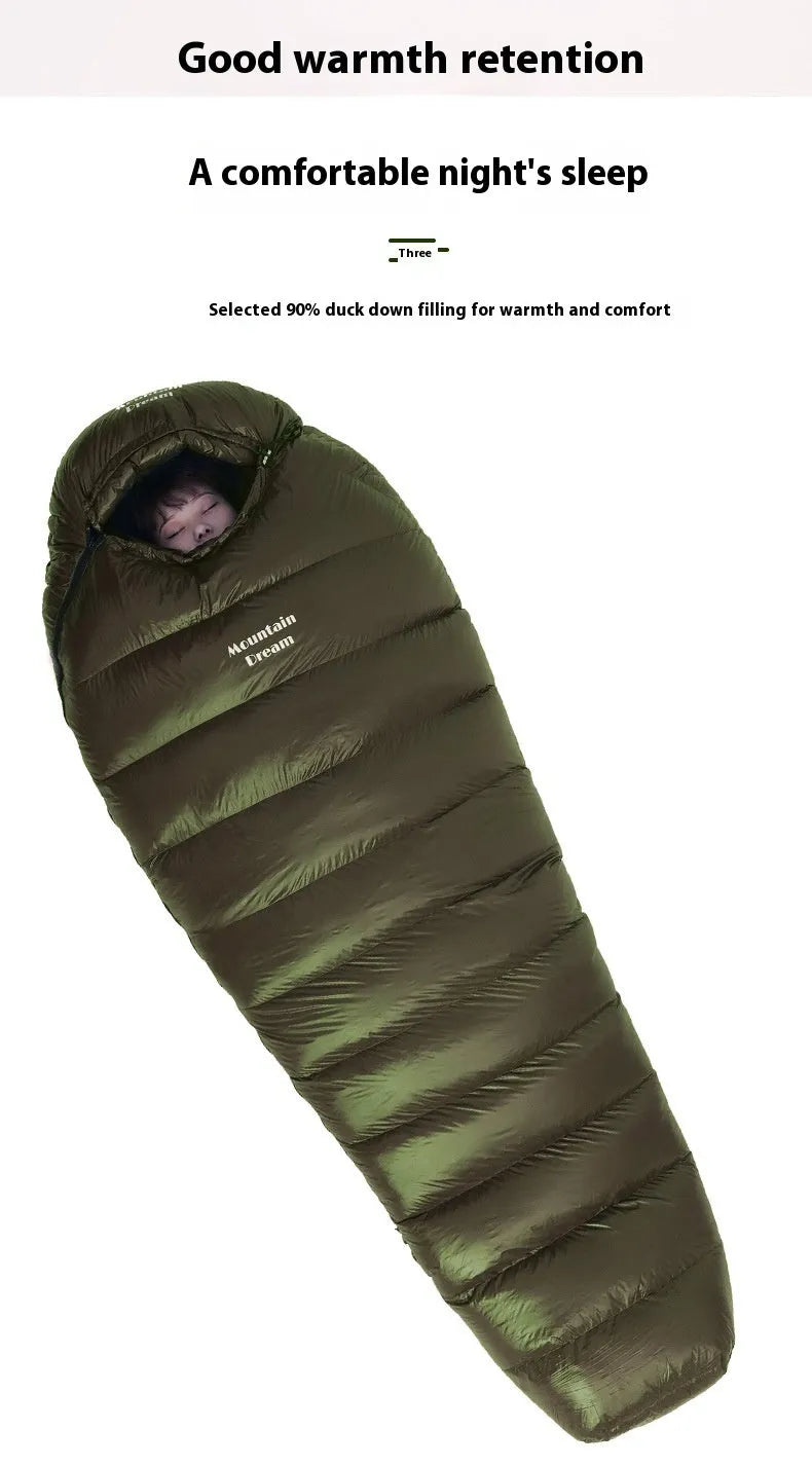 Ultralight mummy-style sleeping bag in army green colour with white duck down filling.