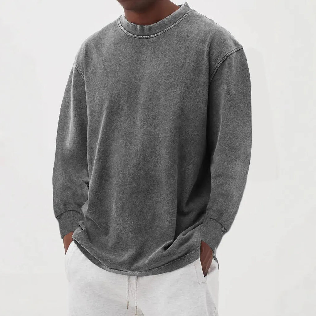 Men's washed old solid colour long-sleeved slim fit T-shirt on a hanger.