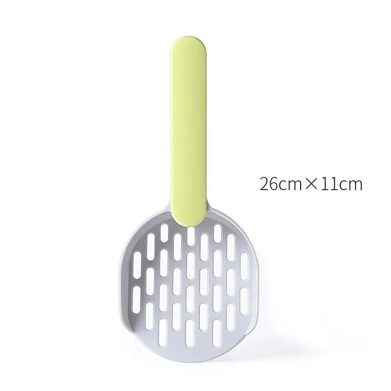 Blue plastic cat litter shovel with angled handle on a white background.