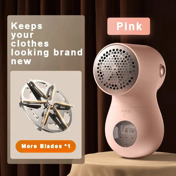White electric lint remover with LED display and USB charging port on a fabric surface.