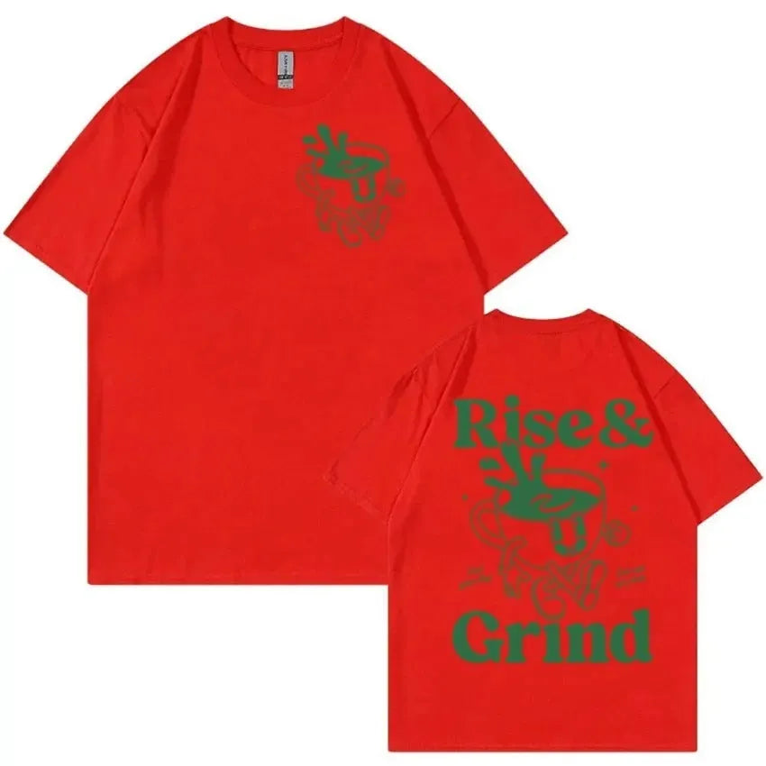 Rise And Grind Green Coffee cartoon graphic printed on a loose fit linen blend t-shirt.