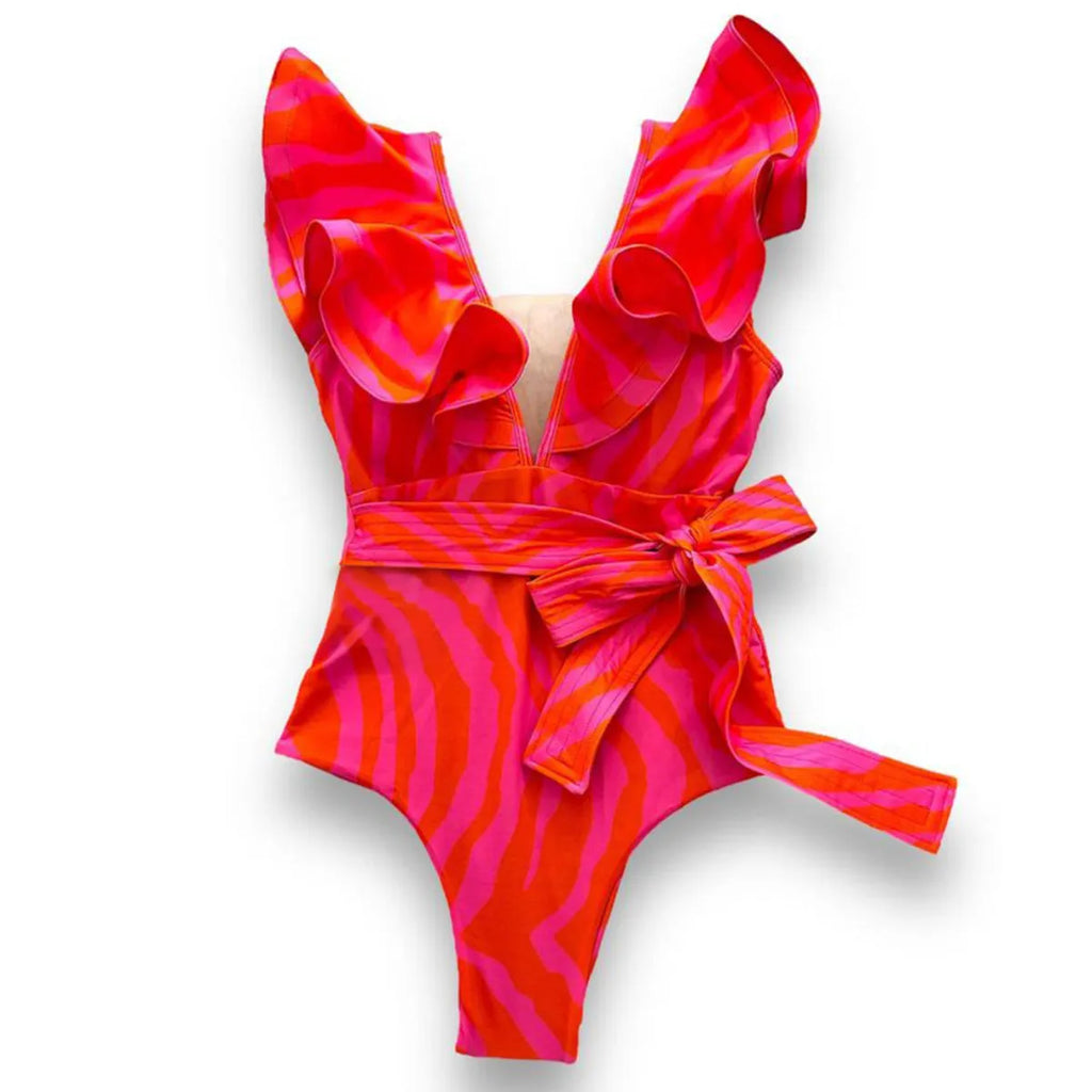 Women's deep V-neck one-piece swimsuit with ruffled shoulders and mesh stitching detail in a printing pattern.