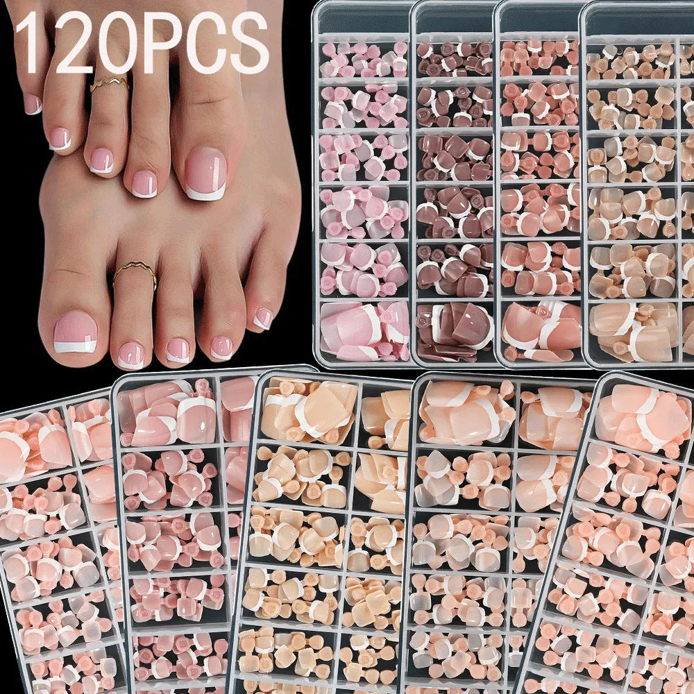 120 French white edge square toe artificial nails in nine nude shades in a box