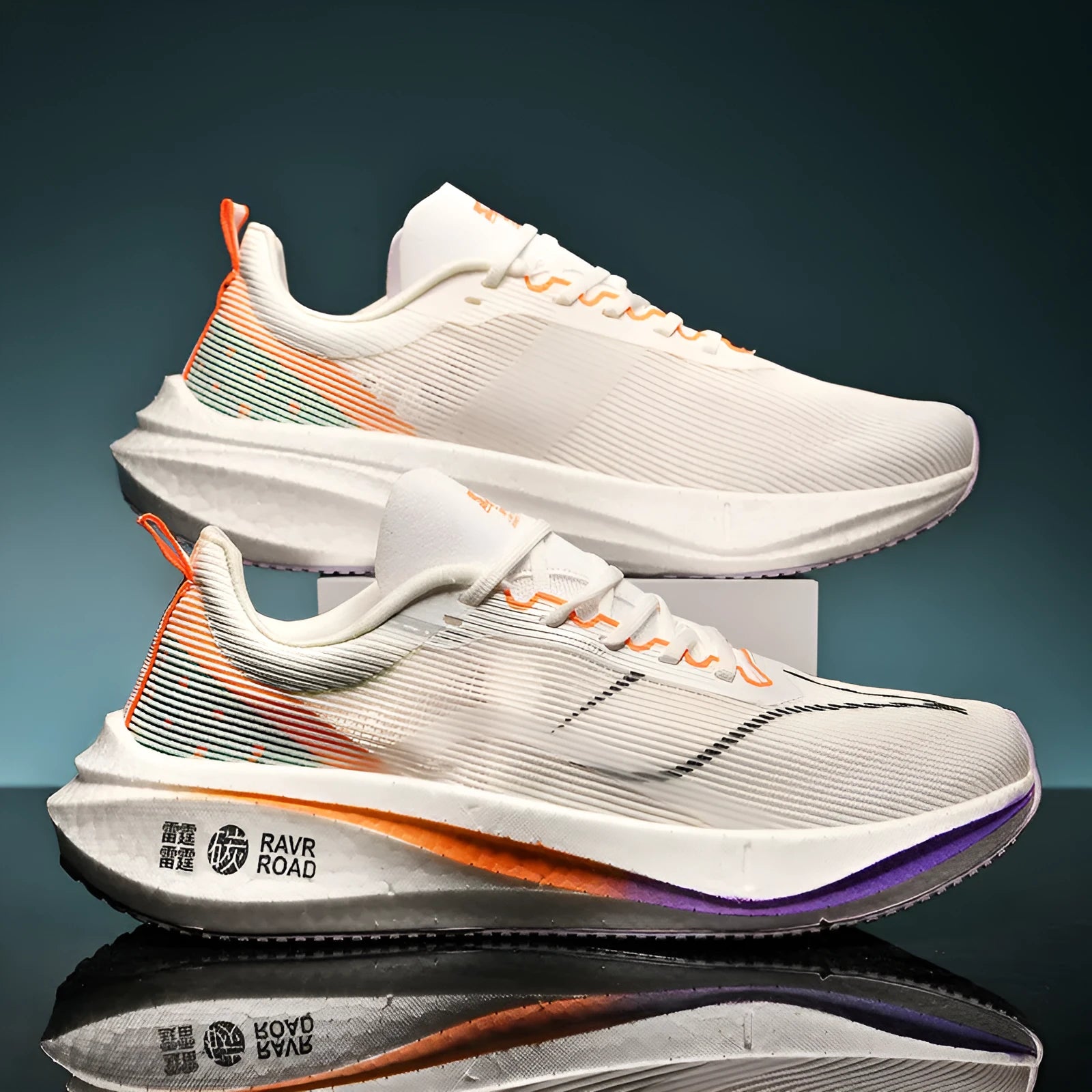 Pair of unisex shockproof breathable running shoes with rubber sole and striped pattern