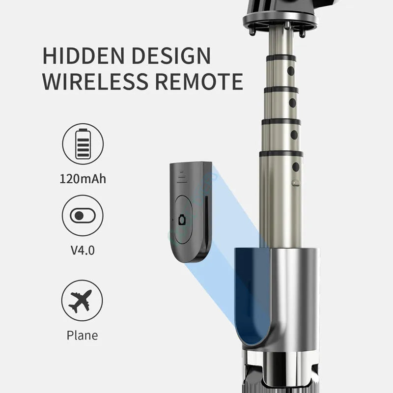 Black adjustable aluminium phone tripod selfie stick extended next to an Apple iPhone.
