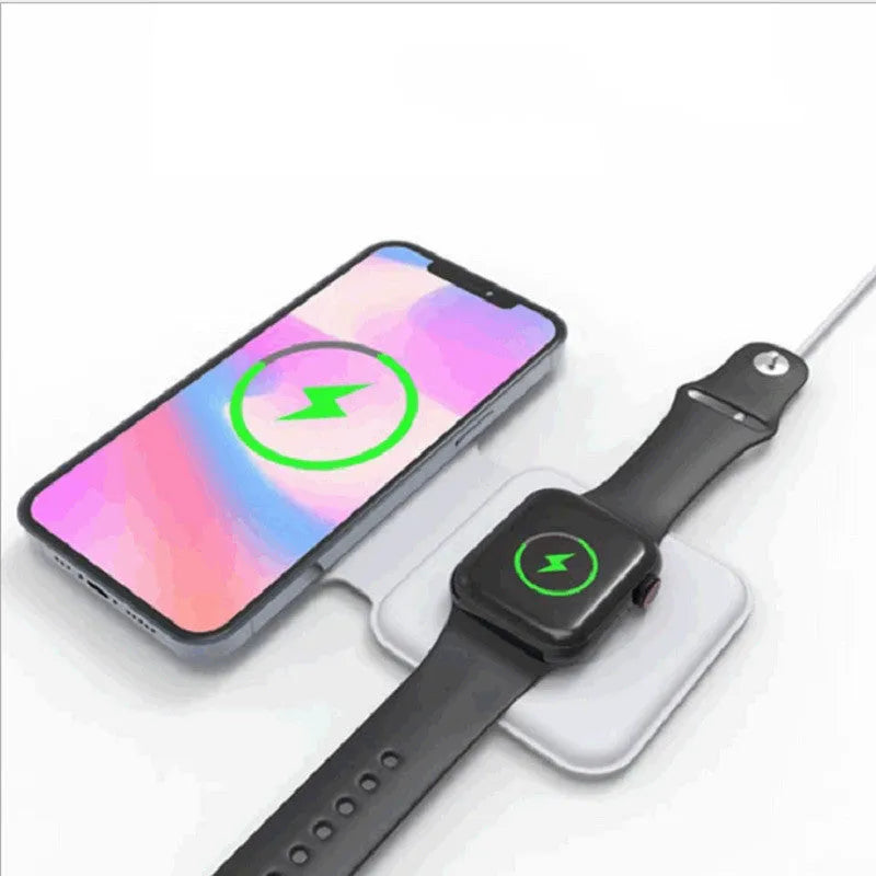 White magnetic wireless charging dock folded into a stand, charging a smartphone.