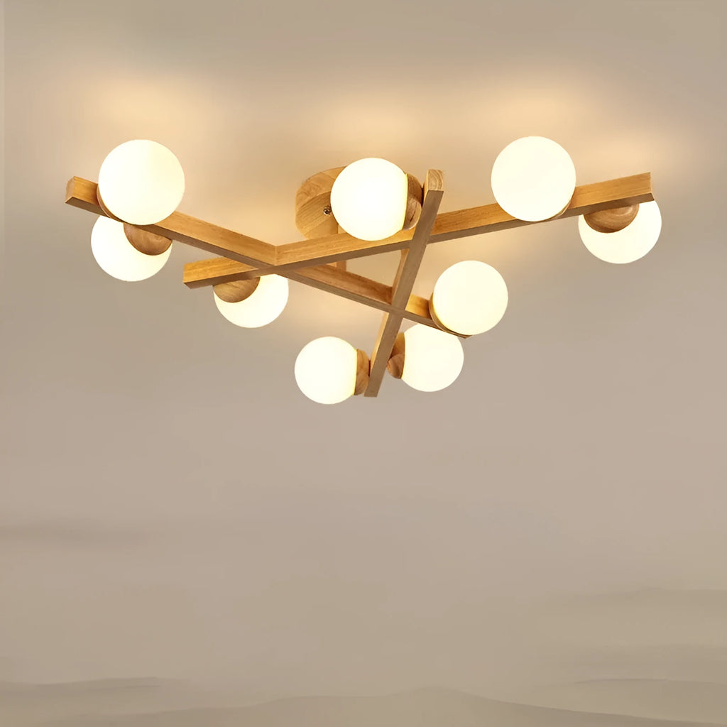 Modern wooden-style ceiling light with three adjustable light heads in a neutral finish