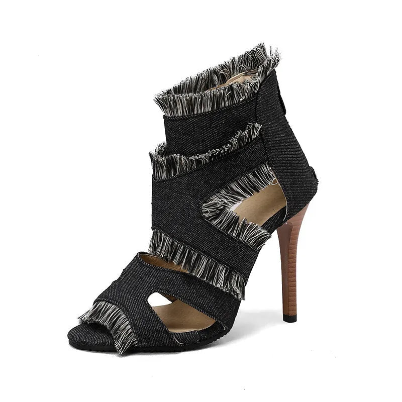 Women's denim high heel sandals in plaid, leopard print, and solid colours for plus sizes 32-50.
