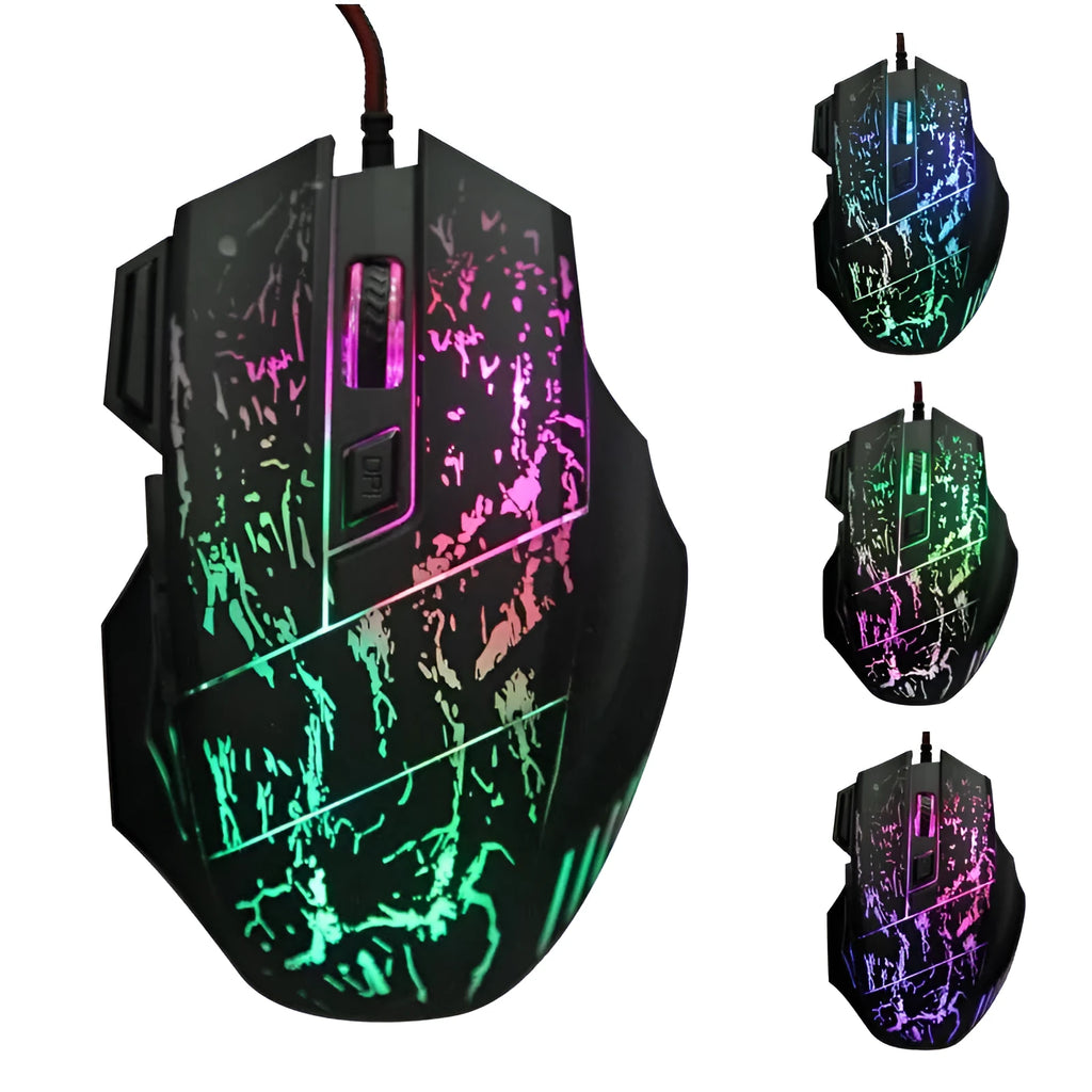 Wired computer gaming mouse with transparent black shell, luminous LED, seven buttons, four-way scroll wheel, USB cable, 127x85x37mm
