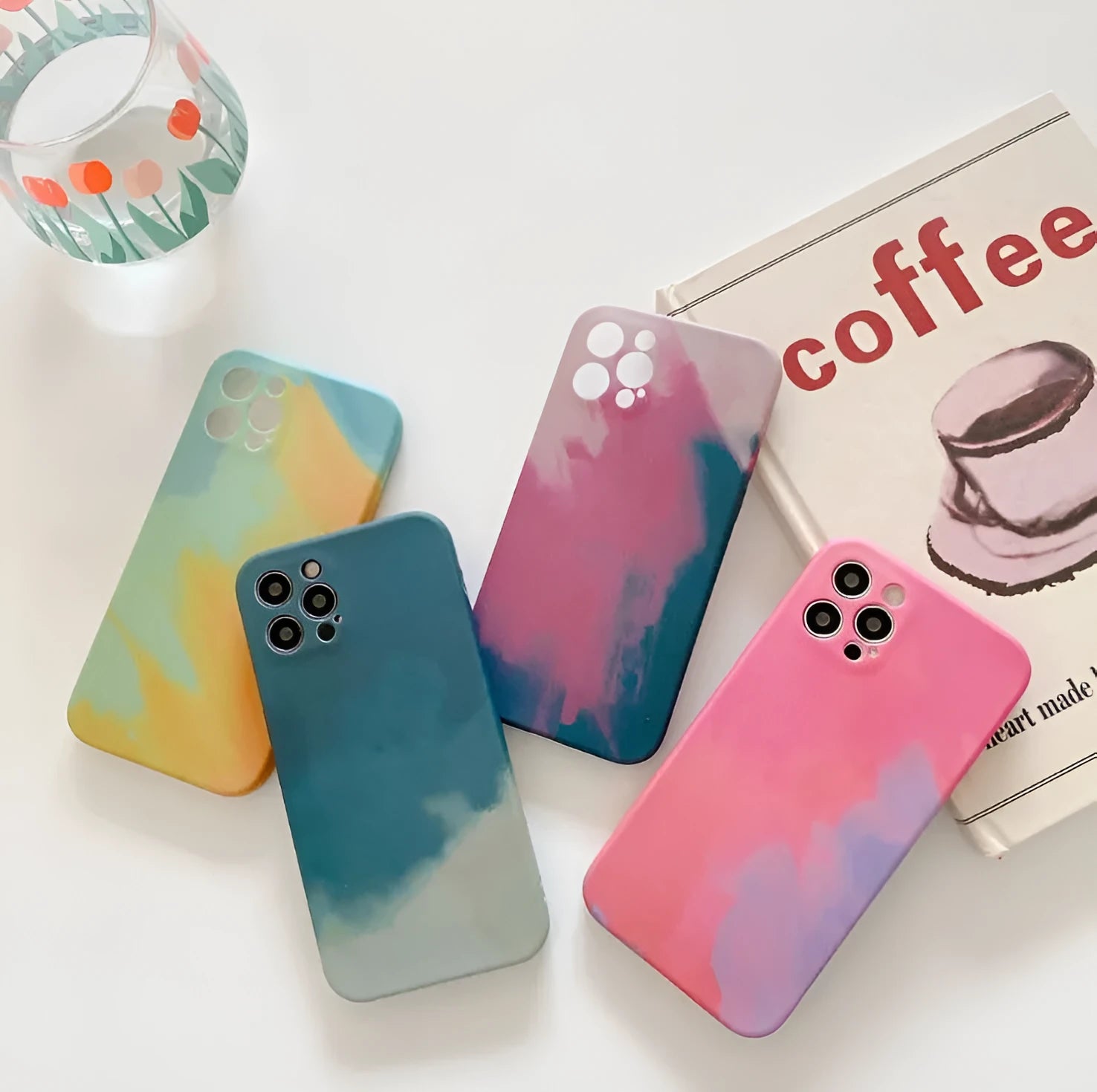 Soft silicone phone case with abstract oil painting gradient geometry pattern in blue, green, pink, or purple colours