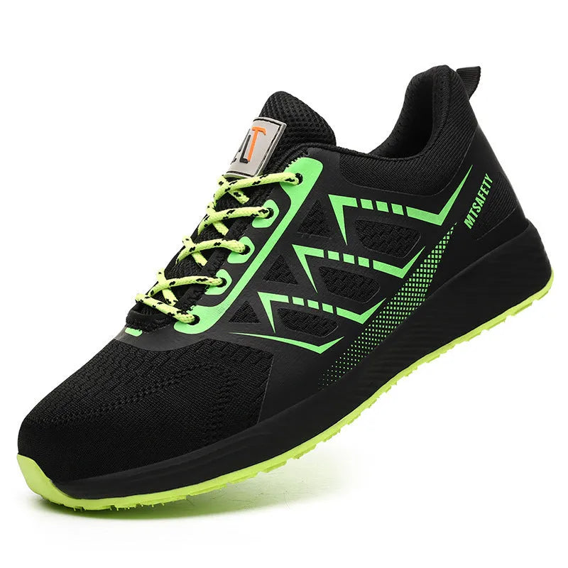 Black ultra-light labour protection shoes with steel toe caps and anti-penetration soles, lace-up closure
