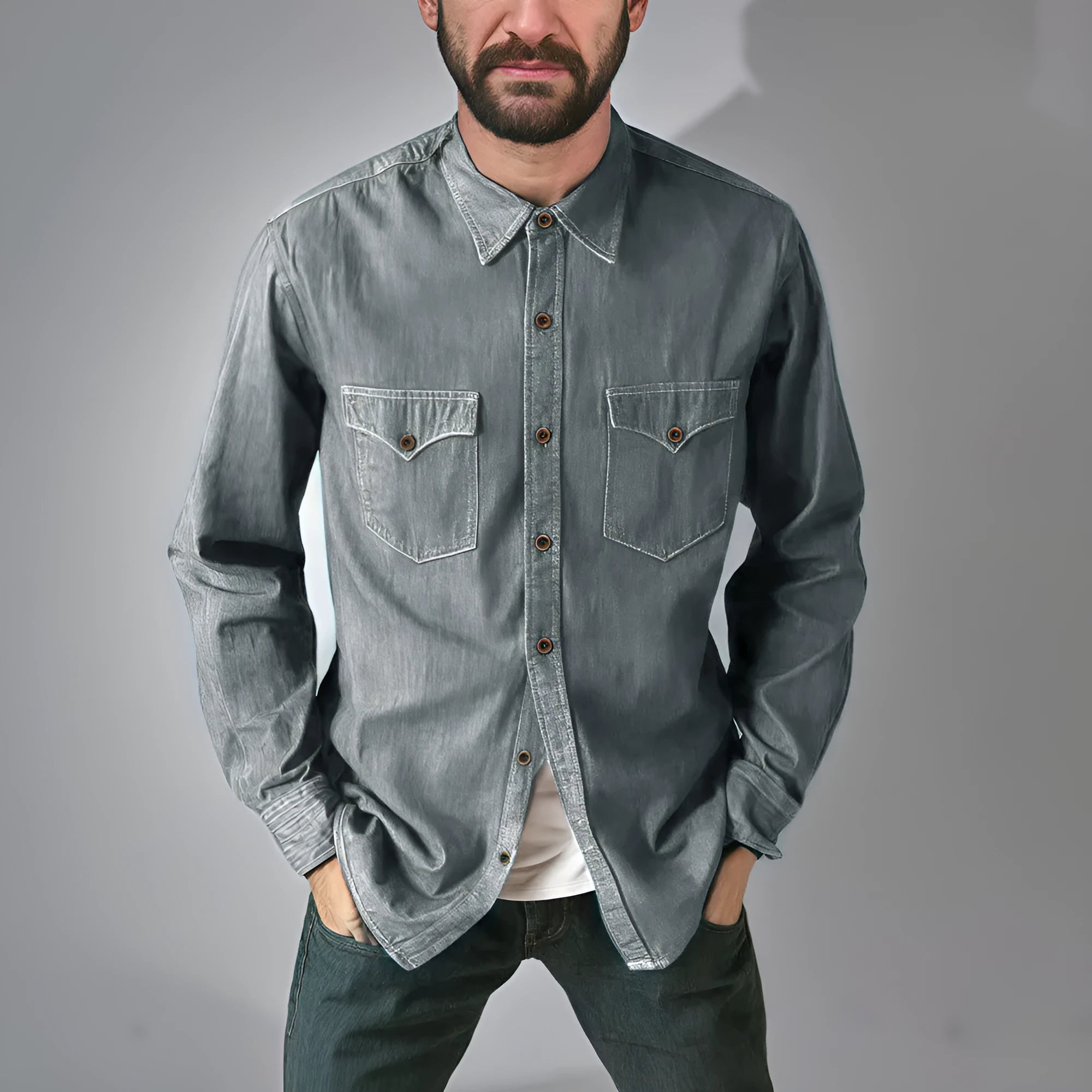 A regular-fit denim cardigan coat in khaki hanging on a rail.