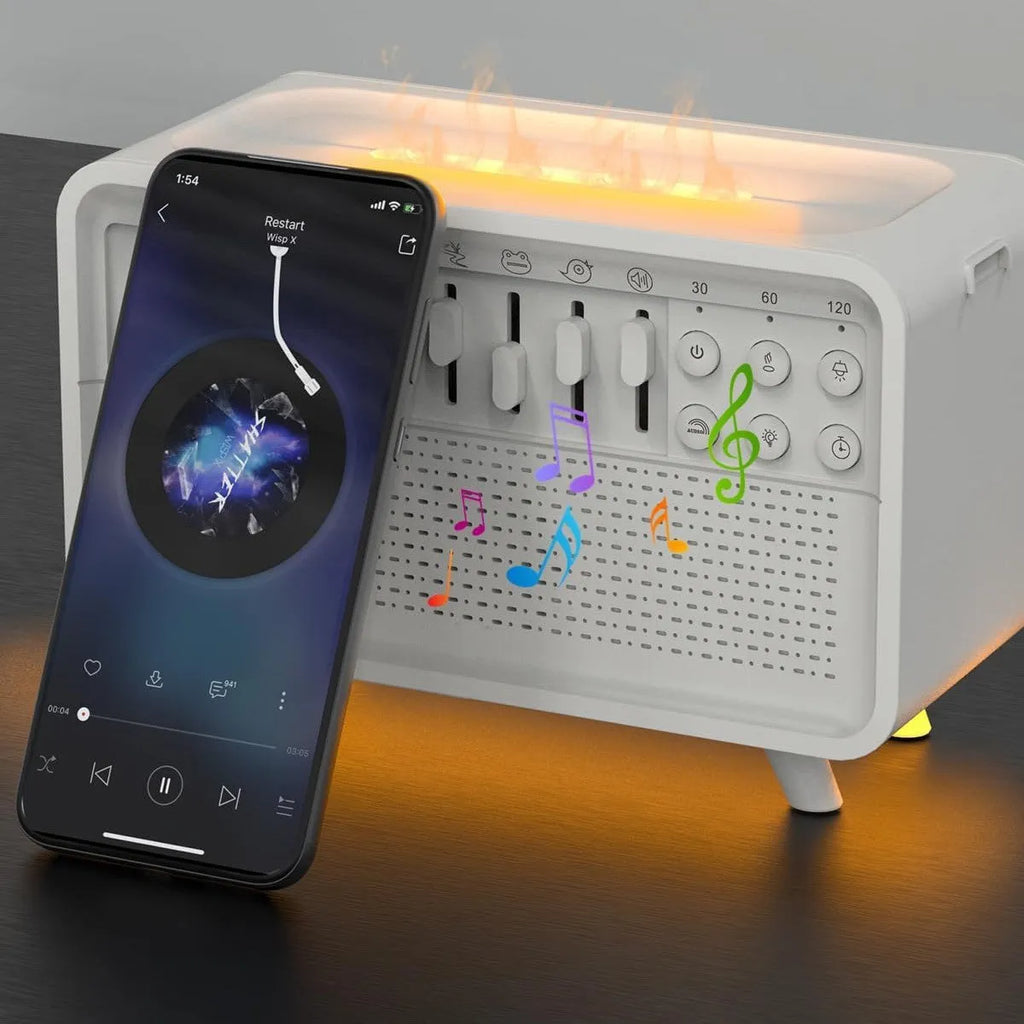 White 3-in-1 Bluetooth white noise sleep machine with humidifier and night light, geometric European design