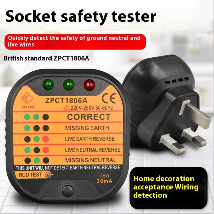 Black handheld electrical socket tester with LED lights for detecting wiring faults in UK, EU, or US outlets.