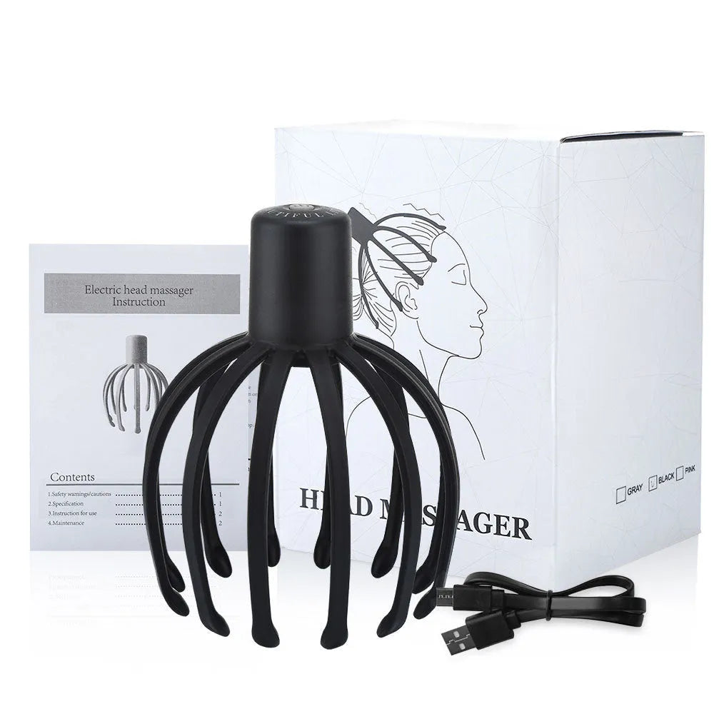 Black electric scalp massager with 12 TPE 3D massage arms on a flat surface