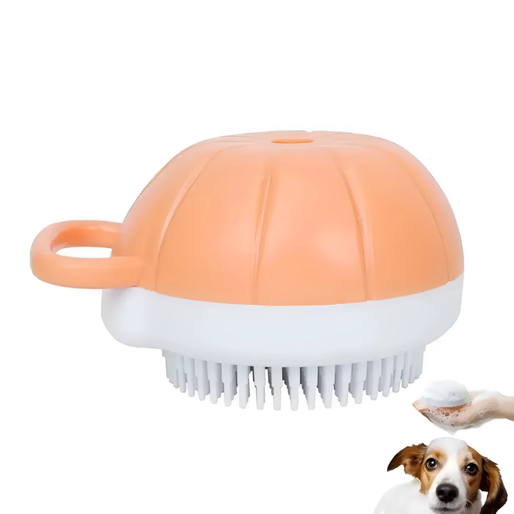 Orange TPR dog bath brush with shampoo dispenser and massage bristles