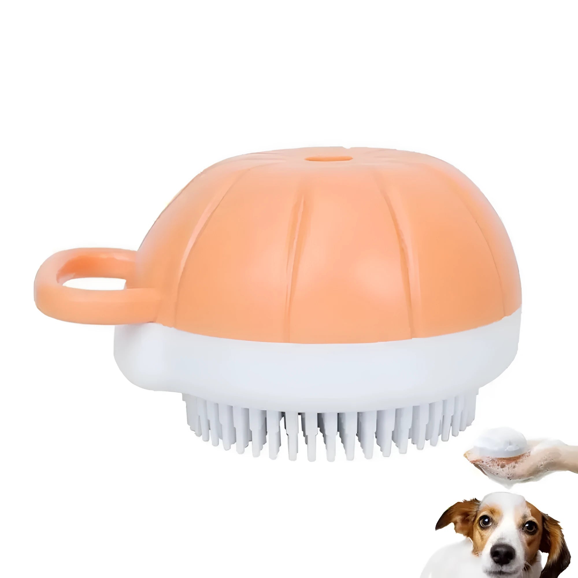 Orange TPR dog bath brush with shampoo dispenser and massage bristles