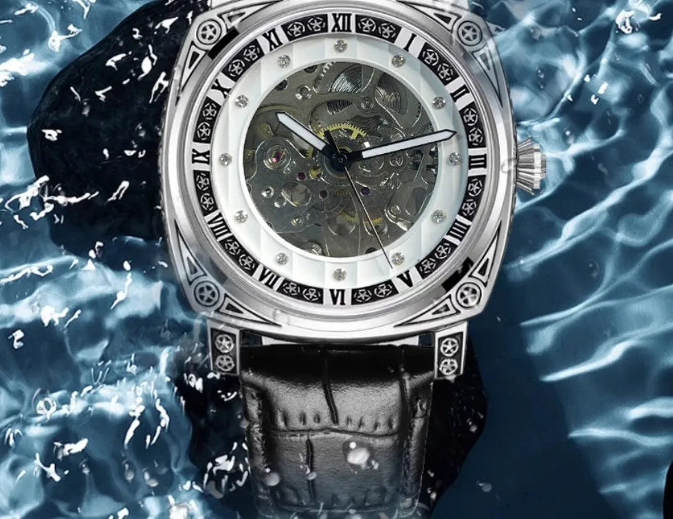 Mens hollow out business watch with white leather strap and round dial