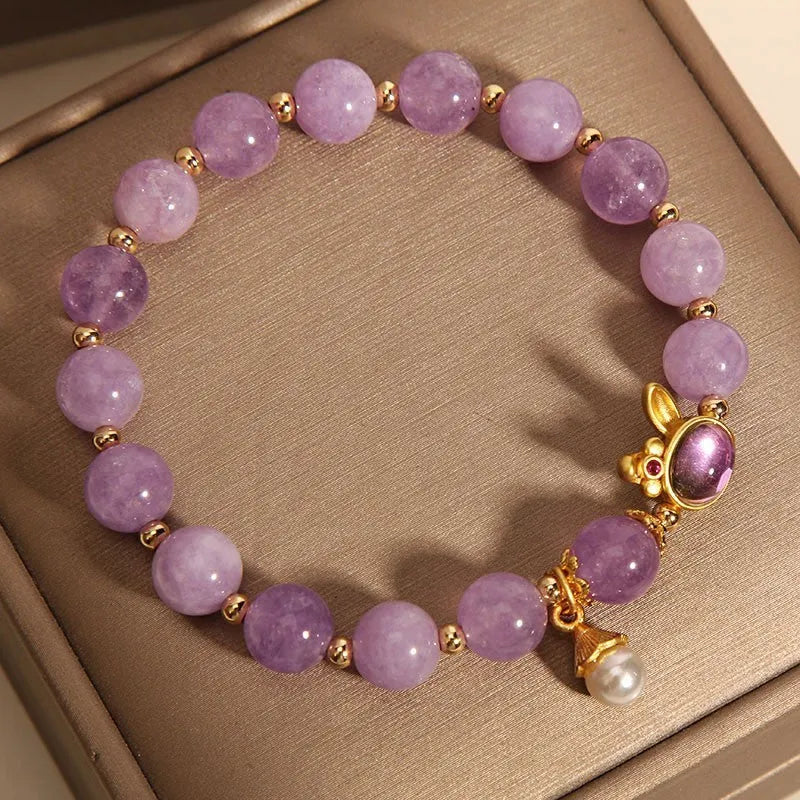 Natural mauve jade crystal rabbit bracelet with purplish red hare head pendant