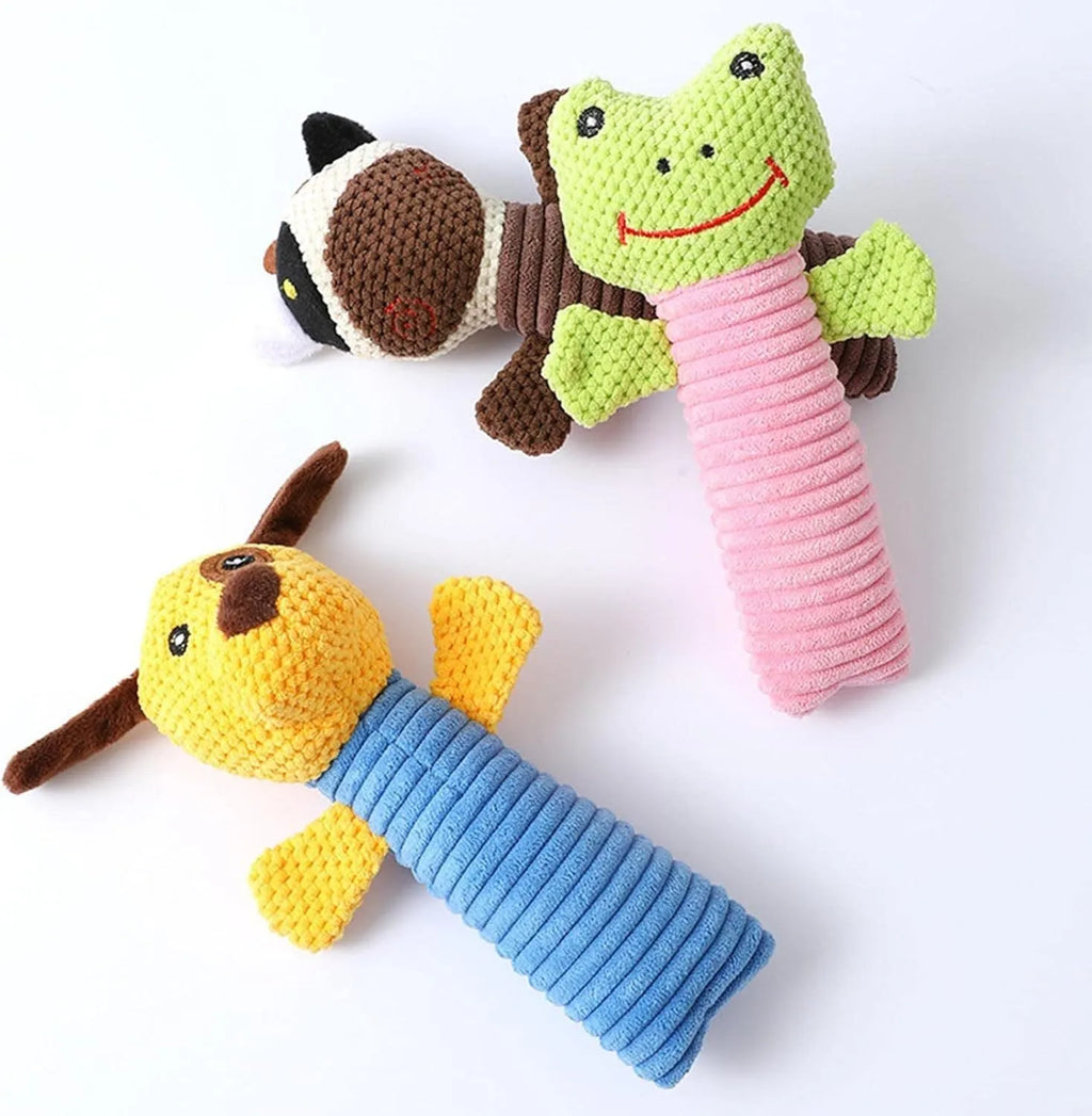 Dog squeaky chew toy in stuffed animal shape for dental cleaning, 19cm long