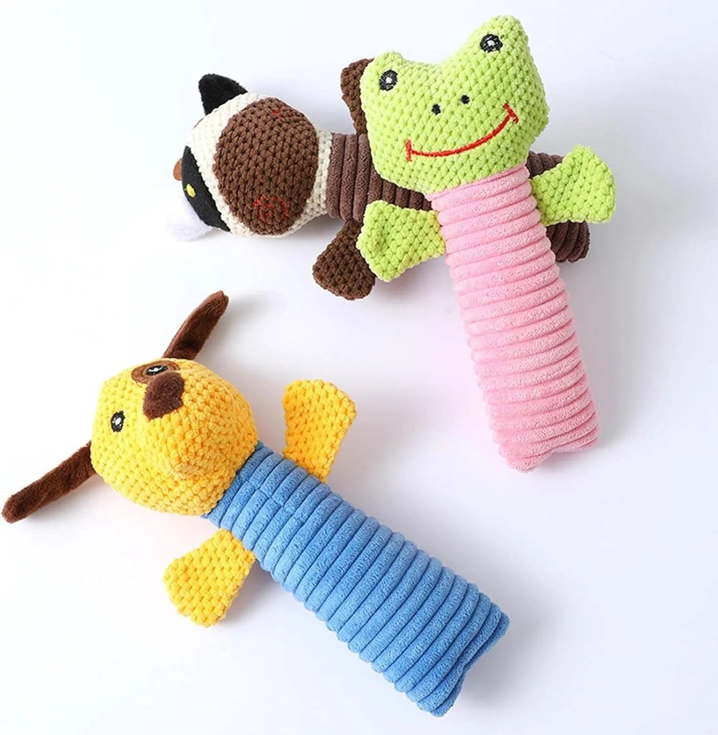 Dog squeaky chew toy in stuffed animal shape for dental cleaning, 19cm long