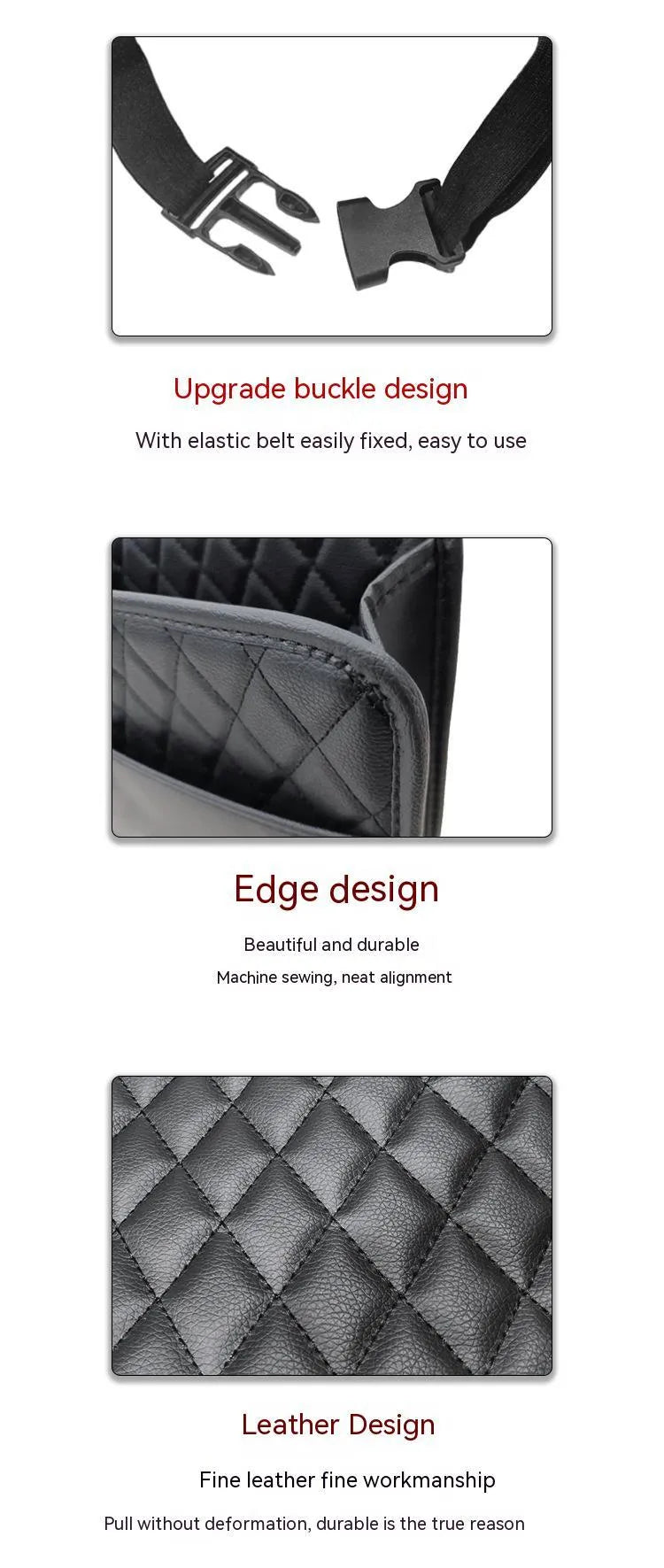 Leather car interior hanging storage bag in black colour showing door pocket mounting