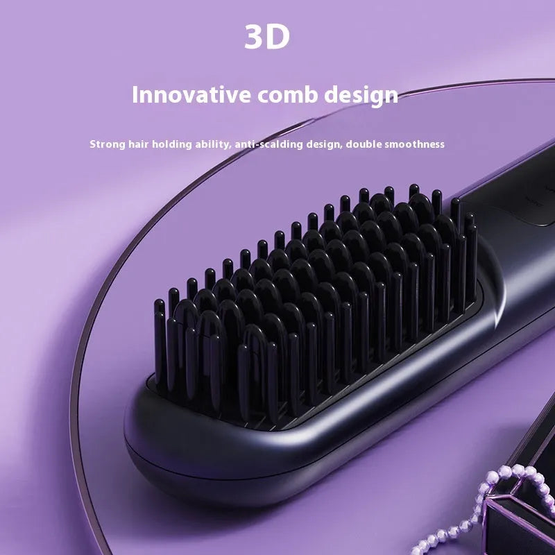 Portable negative ion hair straightening comb in ABS plastic, showing white, dark blue and grey colour options.