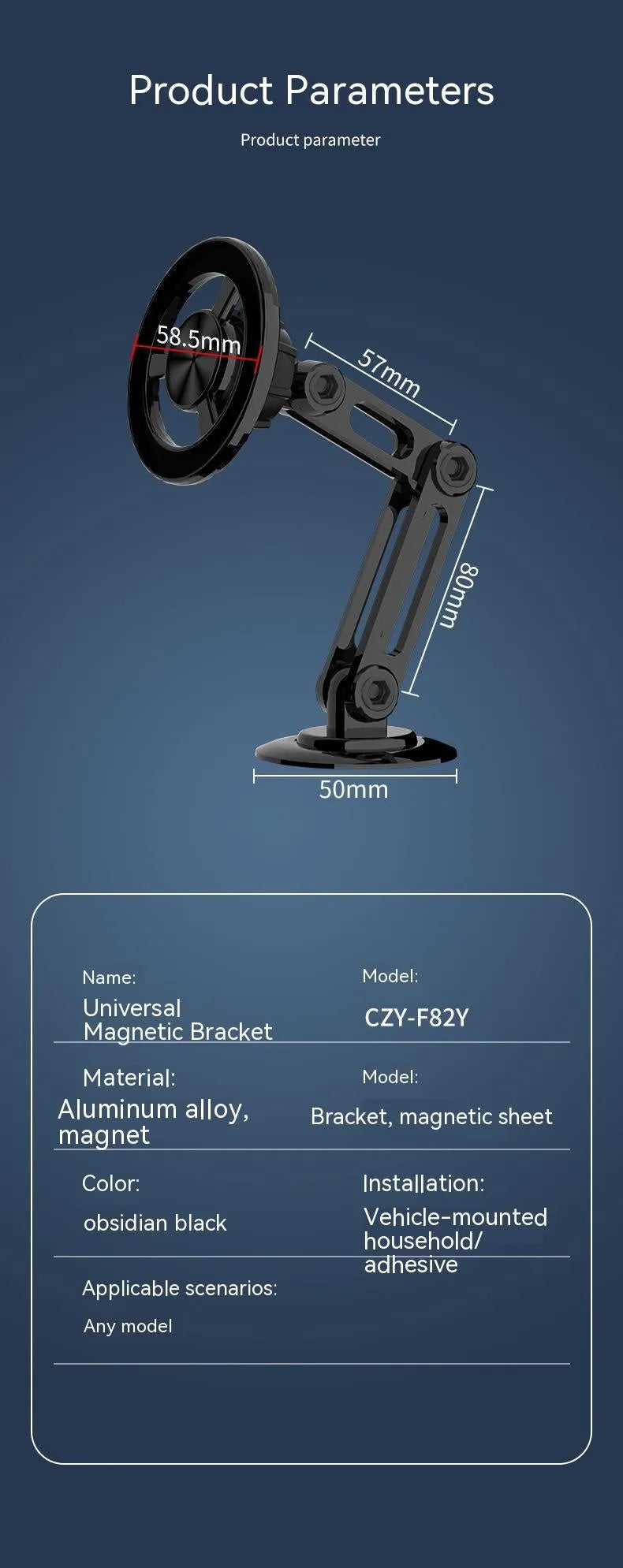 All-metal magnetic car phone holder in black, silver, gold, and rose gold with magnetic rings and adhesive pads